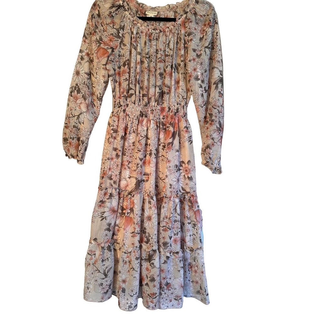 EN FOCUS Dress Floral Womens 8 Sheer Elastic Waist Tiered Pleated Gypsy Boho